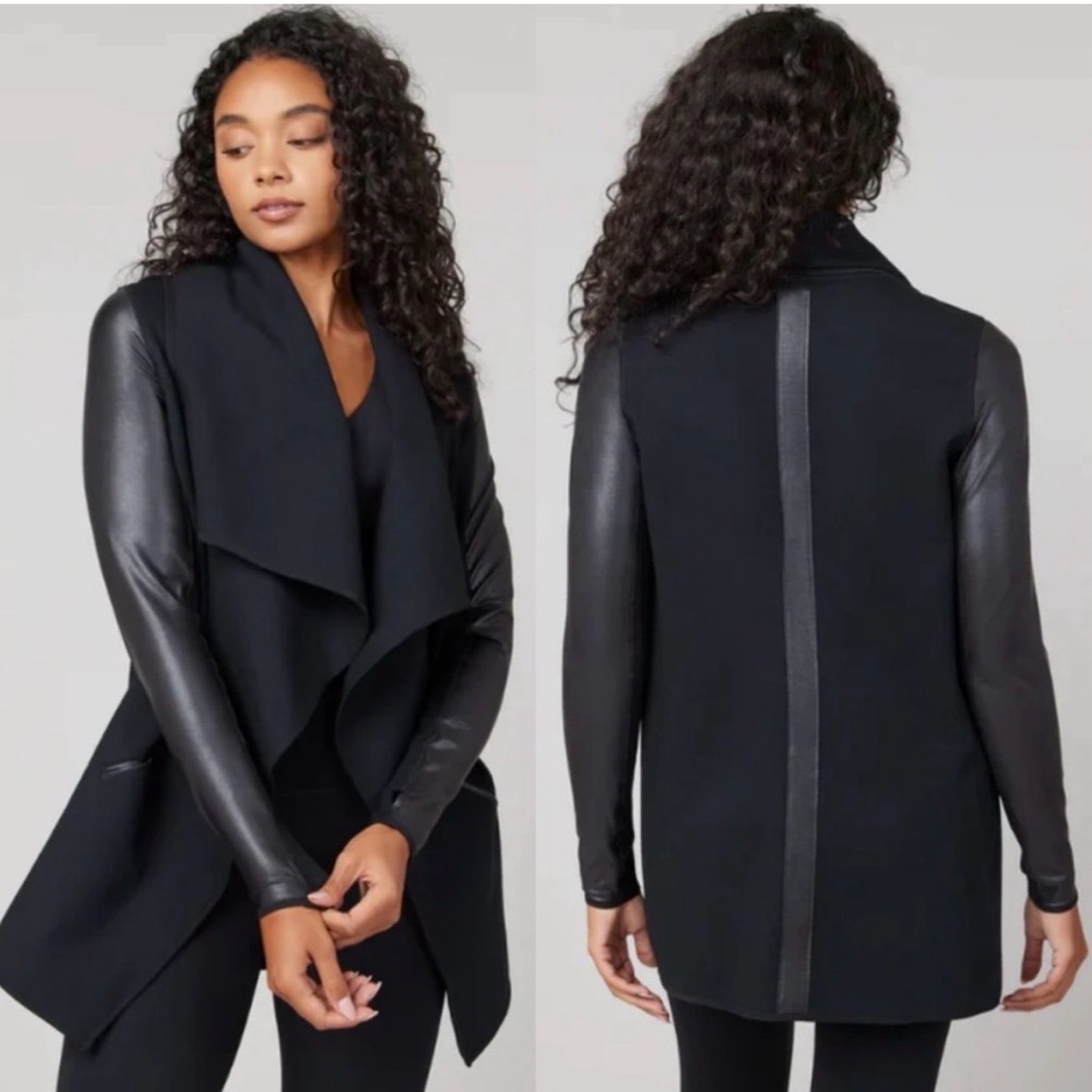 SPANX Black Drape Blazer with Leather Sleeves